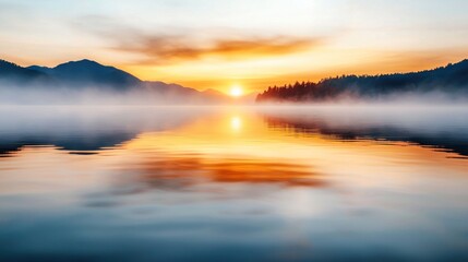 Obraz premium Serene Sunrise Over Misty Lakeside with Gentle Sunlight Casting Reflections on Calm Water, Creating a Tranquil Morning Atmosphere