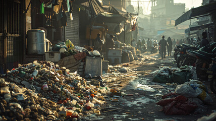 An Indian street market with vendors selling food next to piles of garbage, showing unhygienic conditions.