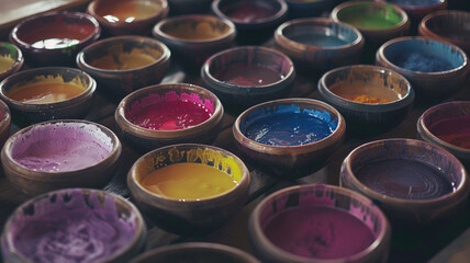 Natural Dyes Being Prepared for Fabric: Bowls of natural dyes prepared for use in fabric dyeing, showcasing the vibrant colors derived from plants and minerals.