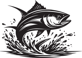 A black and big tuna jumping out of the water silhouette vector
