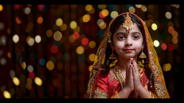 little Indian girl dressed in a traditional ethnic sari greets with folded hands. Namaste is a gesture of greeting. Festive background with lights and bokeh.