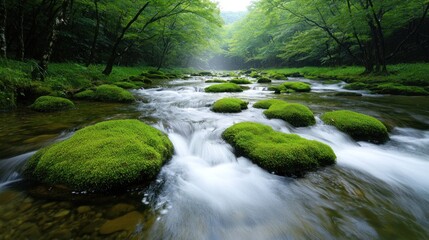 Serene Early Morning at a Lush Waterfall Surrounded by Greenery, Featuring Tranquil Flowing Water Over Mossy Rocks in a Vibrant Natural Setting