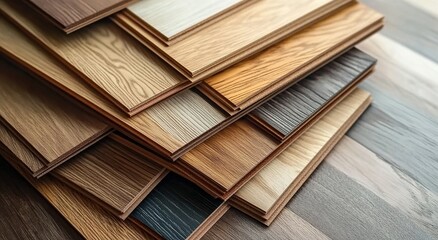 A stack of different wooden floor samples in various colors and textures