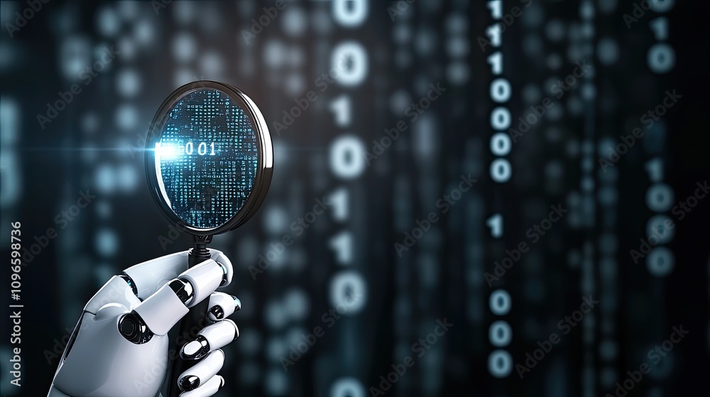 Poster a humanoid robot inspects data with a magnifying glass, surrounded by floating numbers and code symb