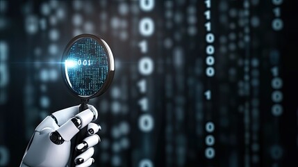 A humanoid robot inspects data with a magnifying glass, surrounded by floating numbers and code symbols, showcasing advanced technology
