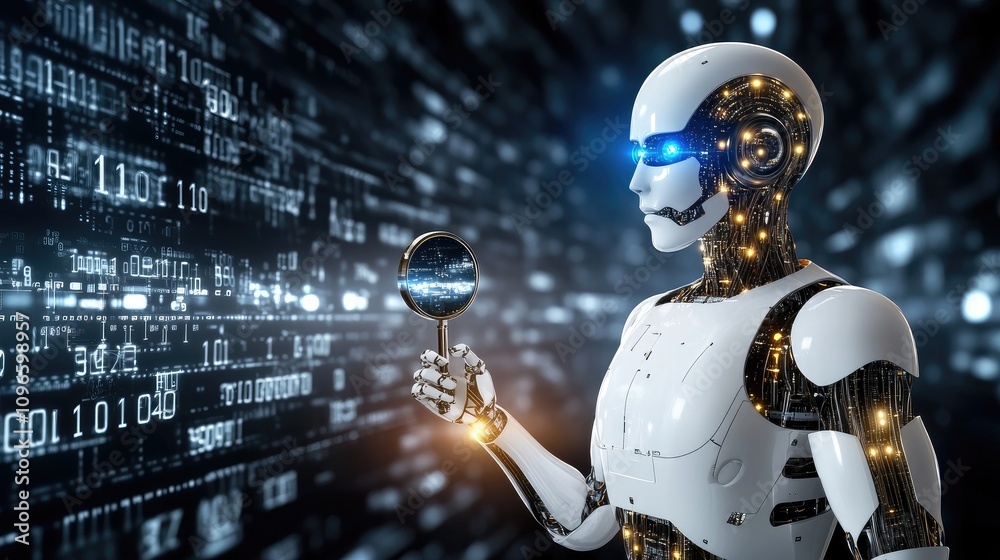 Poster a humanoid robot inspects data with a magnifying glass, surrounded by floating numbers and code symb