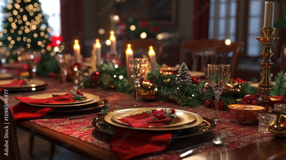 Poster a table is set for a christmas dinner with a red tablecloth
