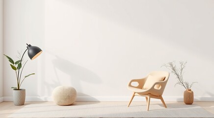 Minimalist living room with a beige armchair, a floor lamp, and a knitted ottoman on a rug.