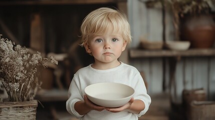 Toddler holding empty bowl, serious expression.