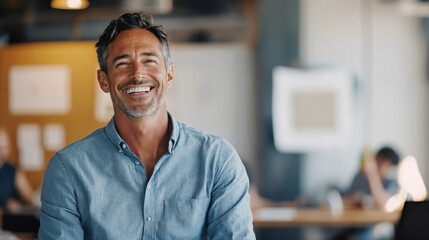 Handsome mature workshop leader captivating participants with thoughtful guidance and charisma