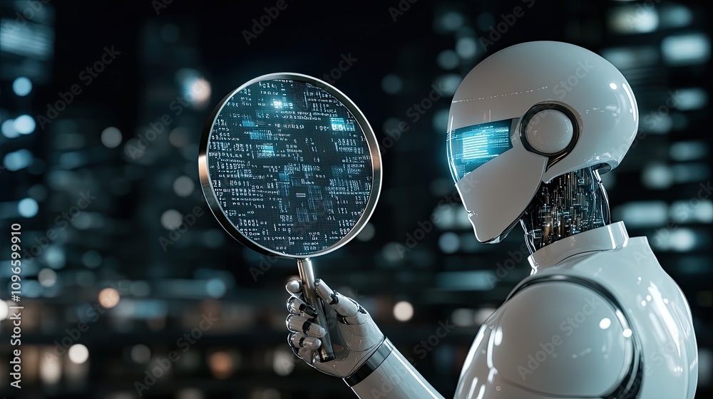 Poster a humanoid robot inspects data with a magnifying glass, surrounded by floating numbers and code symb