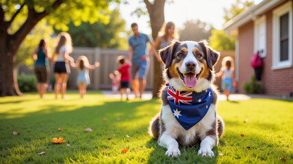 Dog wearing an Australian flag bandana sitting on grass during a backyard celebration