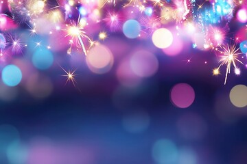 New Year banner, focus on beautiful colorful fireworks, bokeh lights, night,, purple and pink