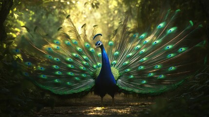 Obraz premium Majestic Peacock Displaying Its Colorful Feathers in a Lush Forest Setting Surrounded by Ethereal Light for a Stunning Nature Experience