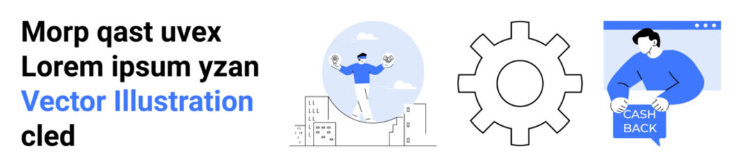 Person celebrating success, gear icon, and individual receiving cashback in browser window. Ideal for business, marketing, technology, success, finance, web design, e-commerce. Landing page