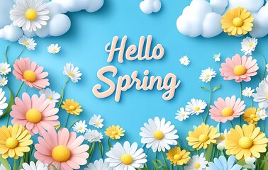 3D Spring Flowers Background with "Hello Spring" Text, Featuring Colorful Daisies in Yellow, Pink, Blue, and Green Against a Turquoise Sky with Clouds for a Sunny and Joyful Wallpaper or Poster Design