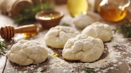 Fototapeta premium Fresh dough balls with honey and rosemary on wooden table.