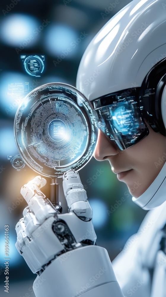 Poster a humanoid robot inspects data with a magnifying glass, surrounded by floating numbers and code symb