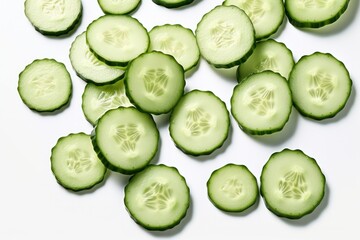 An assortment of cucumber slices with varying thicknesses, revealing the rich green hues and seed patterns