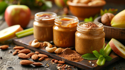 A variety of creamy nut butters&mdash;almond, cashew, and peanut&mdash;served with apple and celery slices for a delicious, plant-based snack.