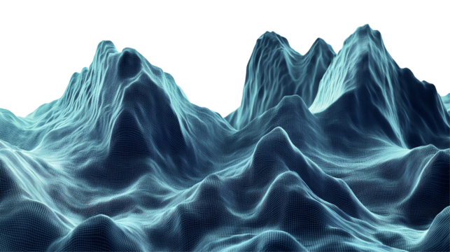 Abstract waves in blue tones, dynamic mountain-like formations, white isolated background