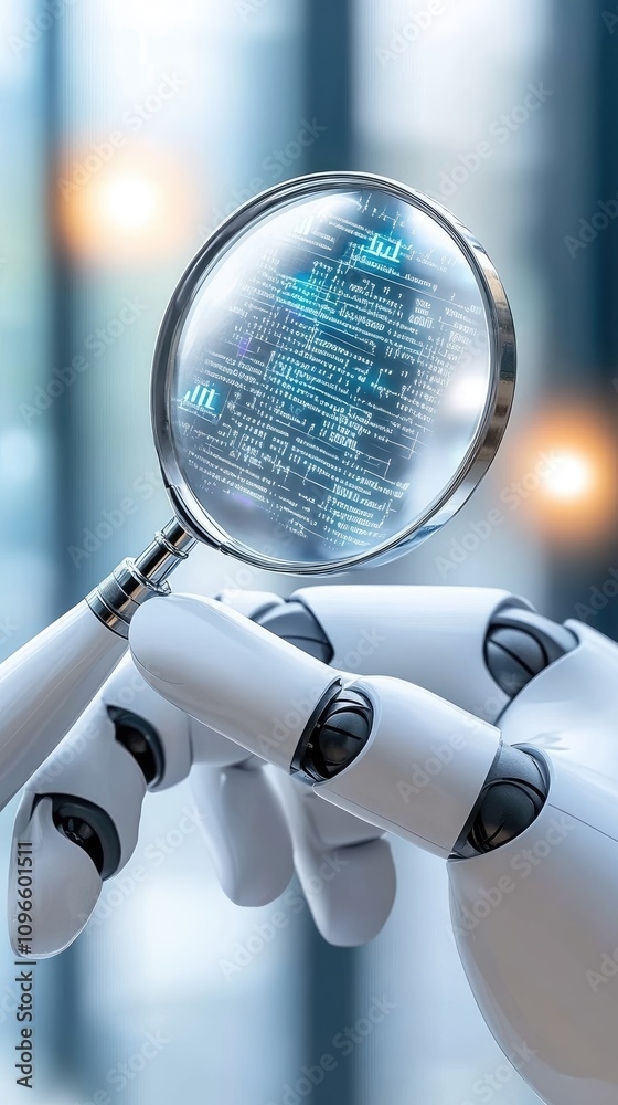 Poster a humanoid robot inspects data with a magnifying glass, surrounded by floating numbers and code symb