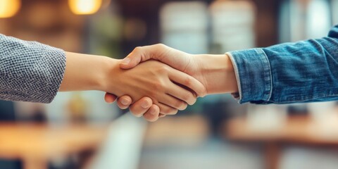 A professional HR recruiter reaches out with an inviting handshake, symbolizing new opportunities, trust, and a welcoming work environment. The background is blurred, emphasizing the gesture connect