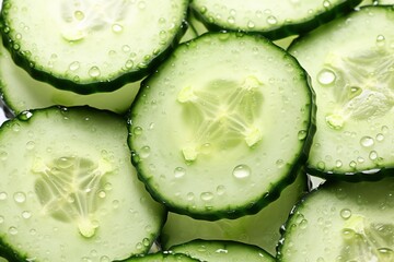 Close-up view of several vibrant green cucumber slices, showcasing their juicy texture and small seeds, arranged artfully