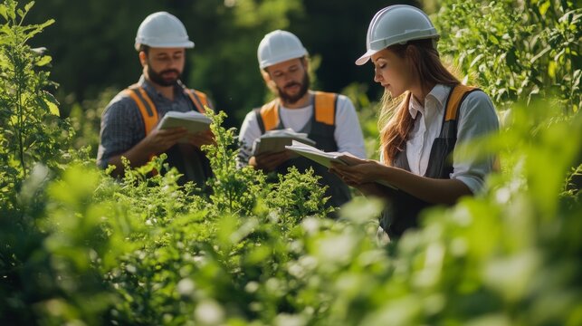 Team of environmental scientists studying plants in nature