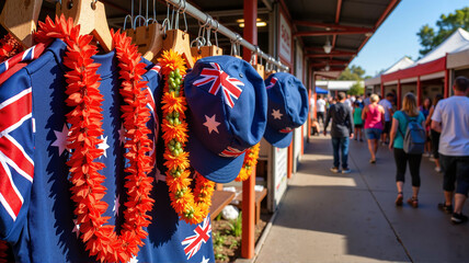 Australian-themed merchandise displayed at a market stall on a sunny day