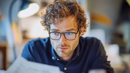 Contemplative non-profit founder focused on strategic growth, his thoughtful gaze reflecting vision and purpose