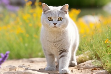 Elegant young blue tortie British Shorthair cat in a sideways stance, gazing at the camera with its stunning deep orange eyes. The cat's plush coat, with its intricate blend of colors