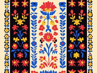 Vibrant Romanian Traditional Floral Pattern Design Featuring Bold Colors and Intricate Details for Artistic and Cultural Applications