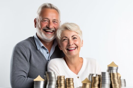 Mature couple dressed elegantly, standing proudly in front of a stack of coins topped with a small house, representing accumulated wealth and property ownership for retirement. 