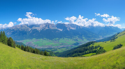 Fototapeta premium Beautiful green meadow with mountains in the background, a sunny day panorama. Panoramic landscape of the Alps mountain range in the summertime 