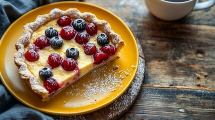 Delicious berry cheesecake tart slice on yellow plate.