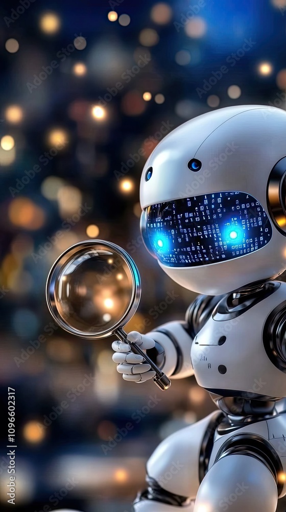 Poster a humanoid robot inspects data with a magnifying glass, surrounded by floating numbers and code symb