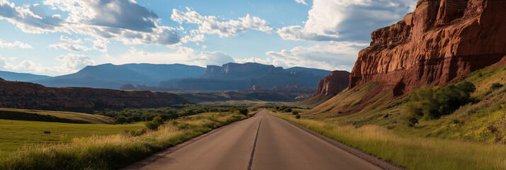 A scenic open road stretching towards red rock formations and distant mountains, symbolizing freedom and adventure amidst stunning natural landscapes and vistas.