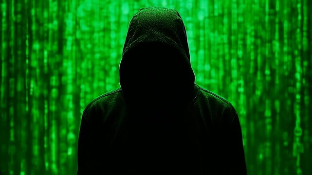 El Enigma de la Oscuridad: Figura Encapuchada y C&oacute;digo Binario Descendente en un Escenario Futurista