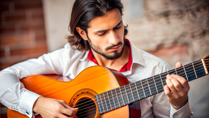 Obraz premium Talented man playing flamenco guitar with passion against a brick wall