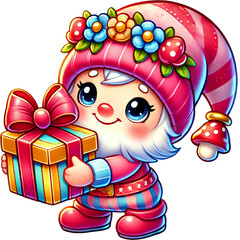Naklejka premium Festive gnome with a gift, colorful outfit, isolate on transparent background.