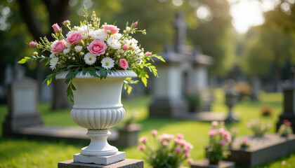 Beautiful floral arrangement of pink and white flowers in a vase, placed at a gravesite in a serene cemetery, symbolizing love and remembrance.