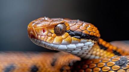 Obraz premium Close-up of a snake's head with orange, black and white scales.