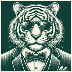 Tiger in Sunglasses and Suit with Bow Tie, Vector Illustration in Woodcut Engraving Style for Stylish Animal Artwork