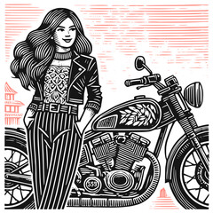 Stylish Woman Standing Next to a Motorcycle, Vector Illustration in Woodcut Engraving Style for Retro and Vintage Themes