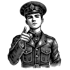 Soldier Pointing Forward in Uniform, Vector Illustration in Woodcut Engraving Style for Military and Patriotic Themes
