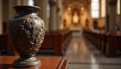 A dark urn set within a serene church ambiance, symbolizing a heartfelt tribute and honoring cherished memories.