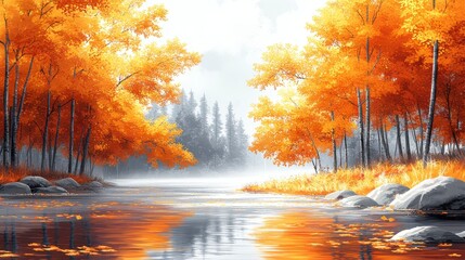 Naklejka premium Autumnal Forest Riverbank: A Misty Morning Scene of Golden Foliage