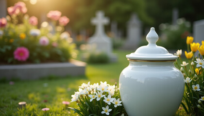 A white urn for ashes surrounded by beautiful flowers in a sunlight garden, creating a peaceful memorial setting.