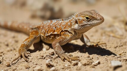 Naklejka premium A close-up shot of a lizard with brown and orange scales, looking directly at the camera, in a desert environment.